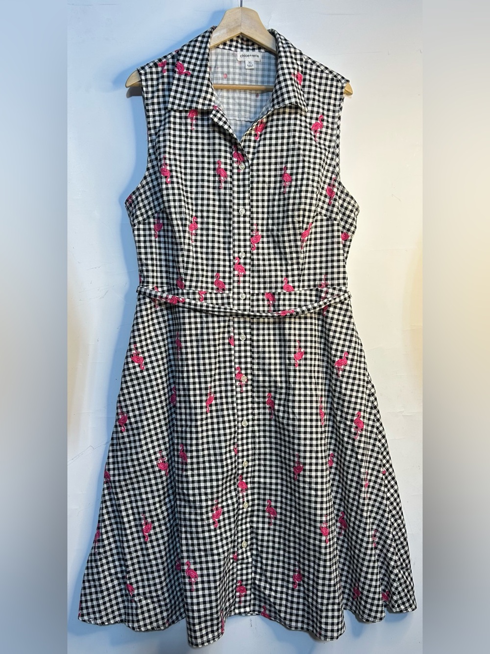 Chloe+Rene Black Plaid Flamingo Print Belted Dress XL